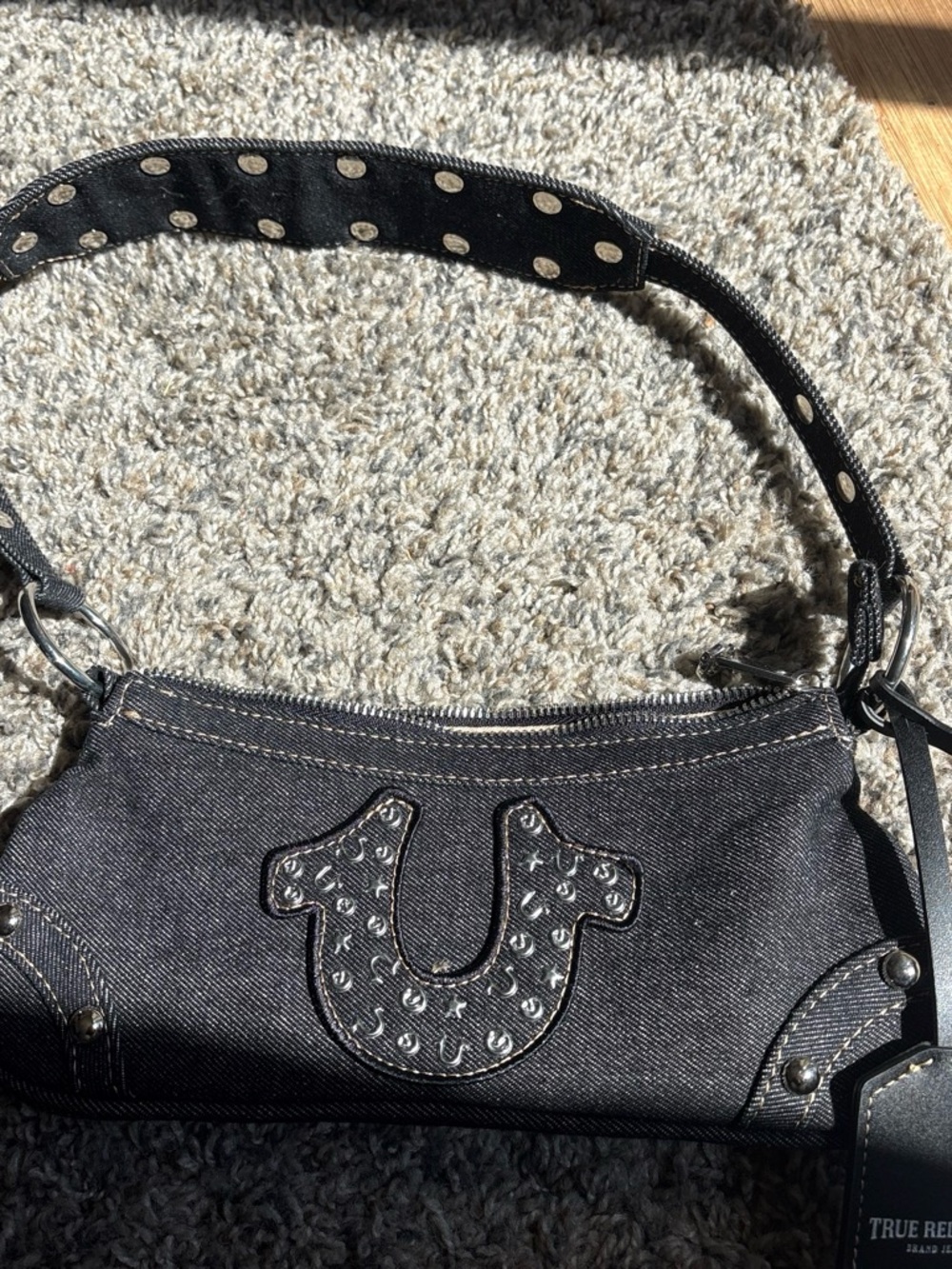 True Religion Black Denim Shoulder Bag with Stud Detail